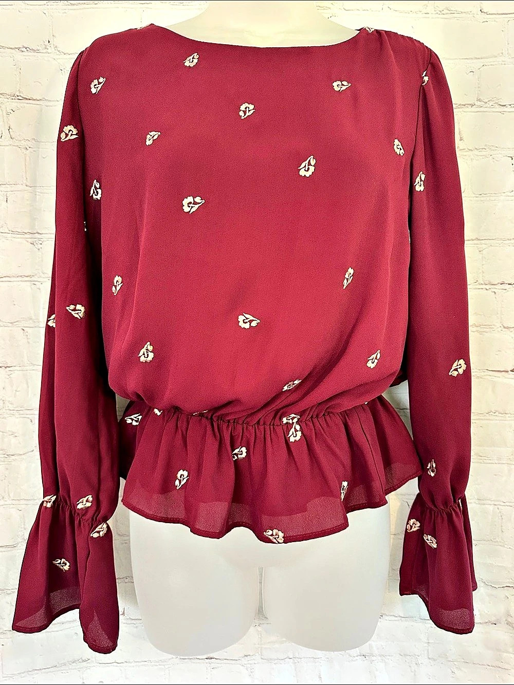 Three Eighty Two Floral Peplum Blouse in Burgundy Red XS Like New